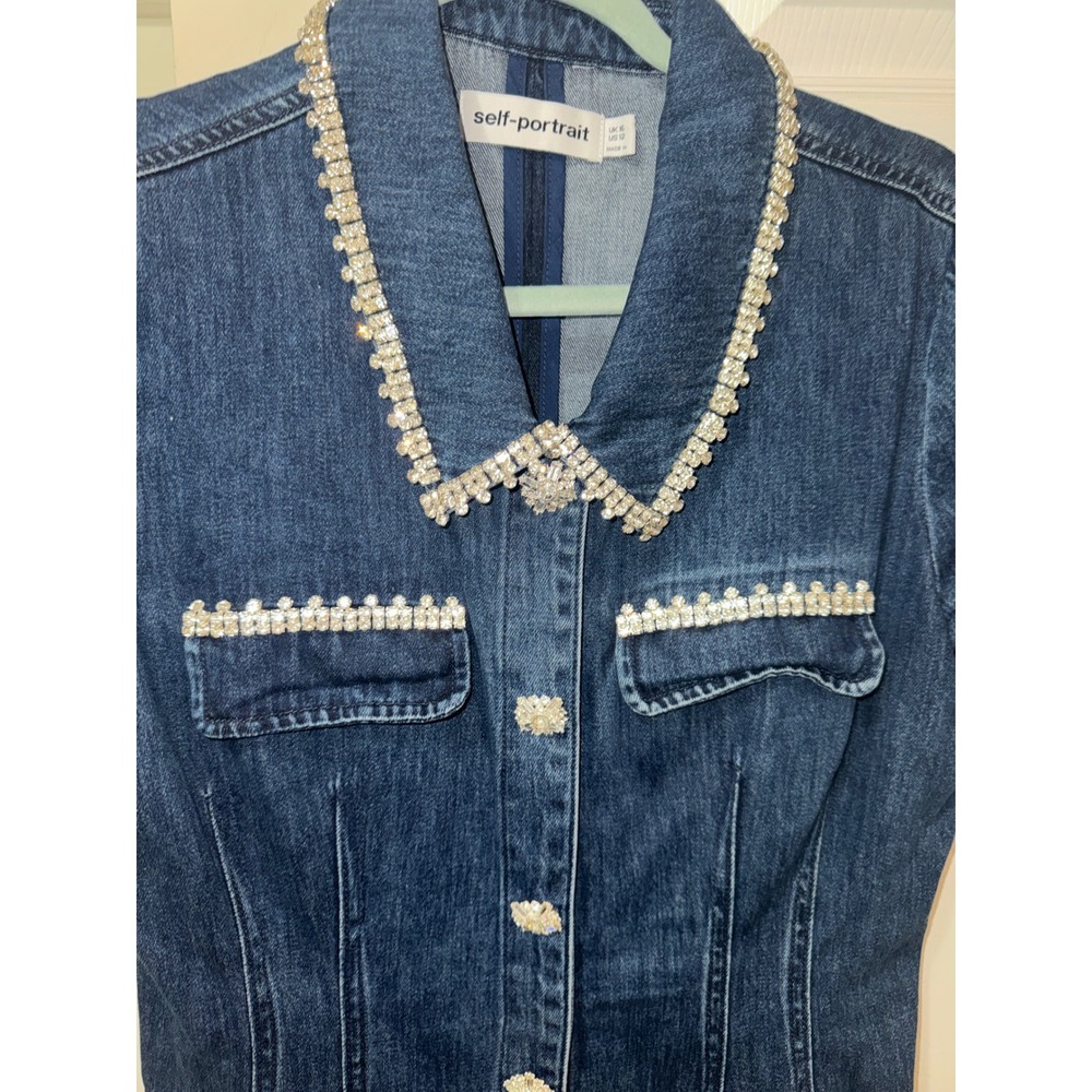 Self-Portrait Rhinestone Trim Denim Mini Dress Dark Wash Crystal Button US 12 - Picture 9 of 12